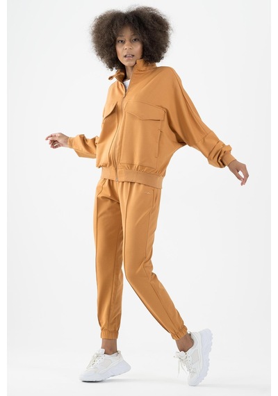 Maraton Sportswear Oversize Kadın Dik Yaka Uzun Kol Basic Karamel Tracktop 22176-karamel Karamel