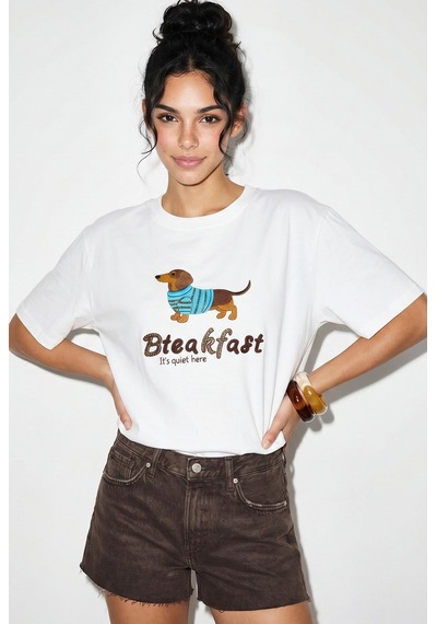 Shade Kadın Bisiklet Yaka Nakış Ve Boncuk İşlemeli Oversize T-shirt 2221 60286122 - Beyaz