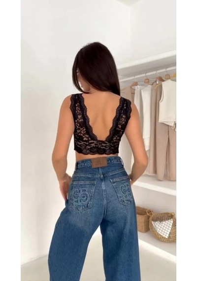 Primemagazam Kadın Dantel Bralet Crop Sütyen V Yaka Askılı Şık Esnek Rahat - Siyah Çeşitli