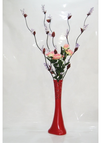 60 Cm Desenli Kırmızı Vazo 5 Adet Mor Üzüm Pembe Gül