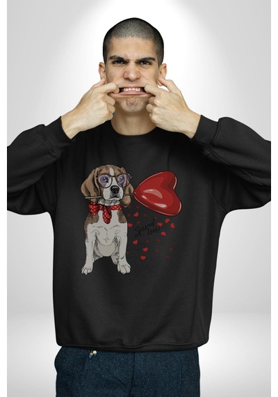 Poodle Ve Beagle Sevililer Günü Hediyesi Unisex Siyah Baskılı Sweatshirt Siyah