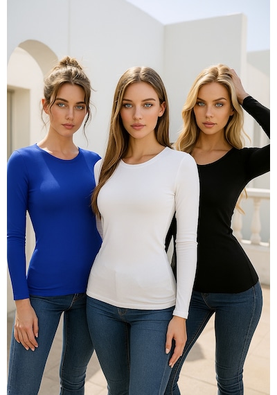 Kadın Siyah-saks Mavi-beyaz 3'lü Paket Bisiklet Yaka Uzun Kollu Body Siyah-saks Mavi-beyaz Kadın Siyah-saks Mavi-beyaz 3'lü Paket Bisiklet Yaka Uzun Kollu Body Siyah-saks Mavi-beyaz