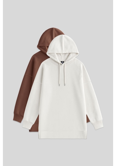 Tommy Life Oversize Kapüşonlu 2li Paket Ekru-kahverengi Kadın Tunik Sweatshirt - 97242 Kahverengi - Beyaz