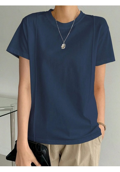 Kadın Kısa Kollu Çizgi Detaylı Basic Tişört Süprem Kumaş Yazlık Rahat T-shirt Lacivert