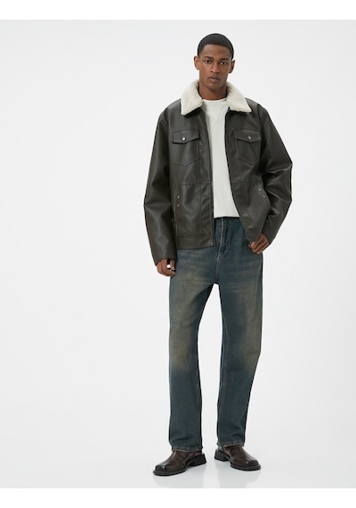 Koton Suni Deri Ceket Yakası Kürklü Cepli Fermuarlı Astarlı Slim Fit Kahverengi 5wam20085hw Kahverengi