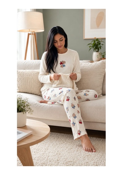 Pemilo Kadın 8811-5 Berlin Uzun Kol Sıfır Yaka Pijama Takım Beyaz
