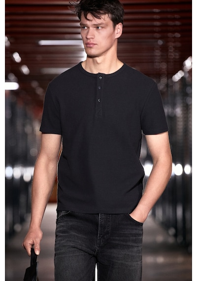 Grimelange Grımelange Calpen %100 Organik Pamuklu Yakası Düğmeli Regular Fit Siyah T-shirt