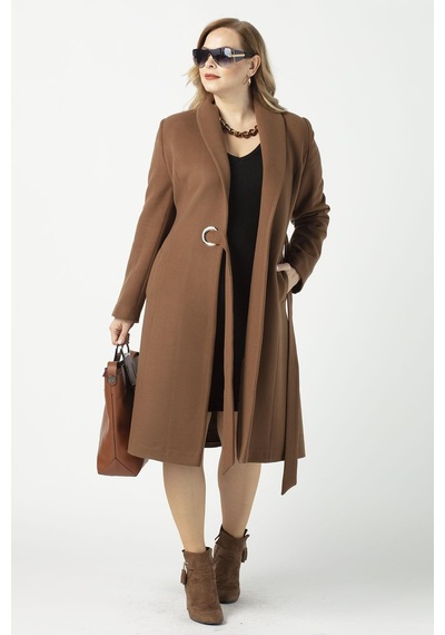Moda Berray 932 Kadın Camel Şal Yaka Kuşaklı Toka Detaylı  Kaşe Kaban Camel