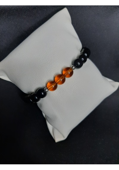 Doğal Görünümlü Siyah Cam & Amber Boncuklu El Yapımı Bileklik - Unisex Siyah - Kahverengi