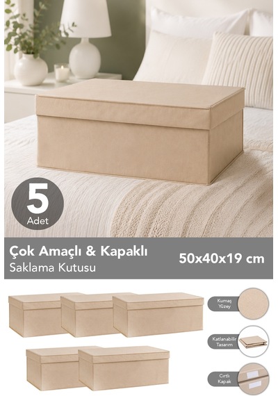5'li Organizer Baza Hurç Seti - Çok Amaçlı Kapaklı Saklama Kutusu 50x40x19cm Bej