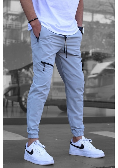 Boyalı Gri Fermuar Detaylı Paraşüt Jogger Pantolon Boyalı Gri