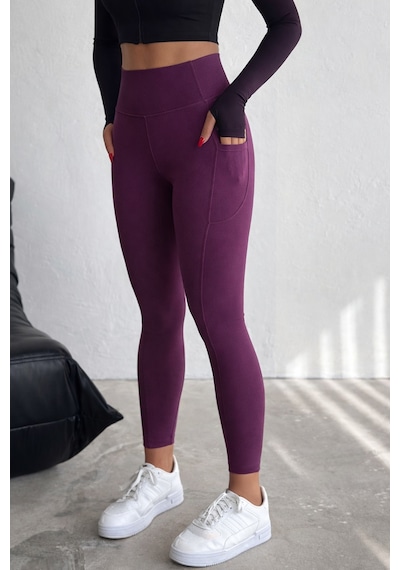 Balenbi Haute Kadın Yüksek Bel Toparlayıcı Çift Cepli Leggings Fitness Tayt 1092 Mürdüm
