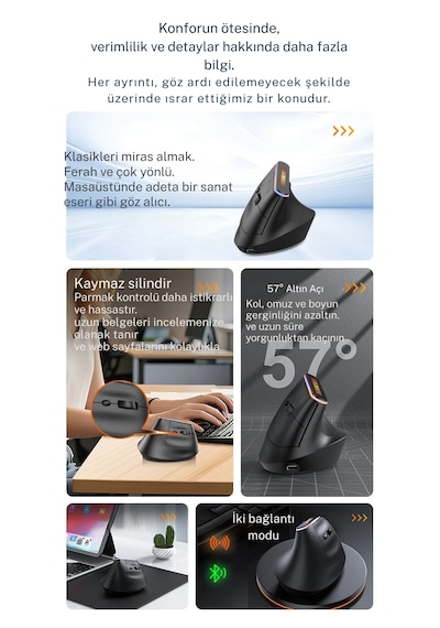 Techtic 2.4g Kablosuz Dikey Tasarım Mouse Çift Modlu Rgb Ergonomik Şarj Edilebilir Sessiz Mod Ofis Oyun Dikey Ergonomik