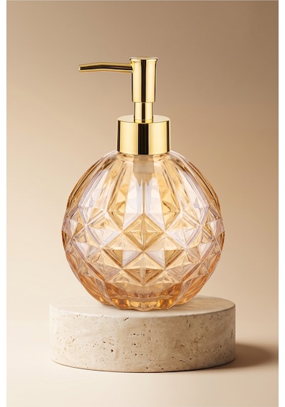 Boby Diamond Küre Cam Sıvı Sabunluk Gold Pompalı Kristal Desenli Dekoratif Banyo Ve Mutfak Dispenseri - 16 Cm X 10 Cm - 500ml - Turuncu