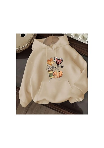Herkesemoda Baskı Detaylı İçi Polarlı Kapüşonlu Sweatshirt Bej