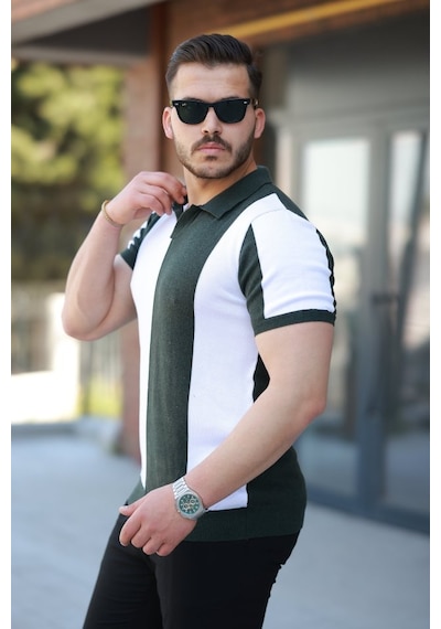 Erkek Kısa Kollu Polo Yakalı Blok Desenli Triko Bluz Yeşil