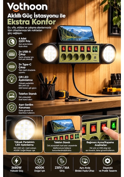 Akıllı Masaüstü Duvar Tipi Akım Korumalı 5 Li Priz 3680w Led Işıklı Usb-a Type-c Telefon Standlı