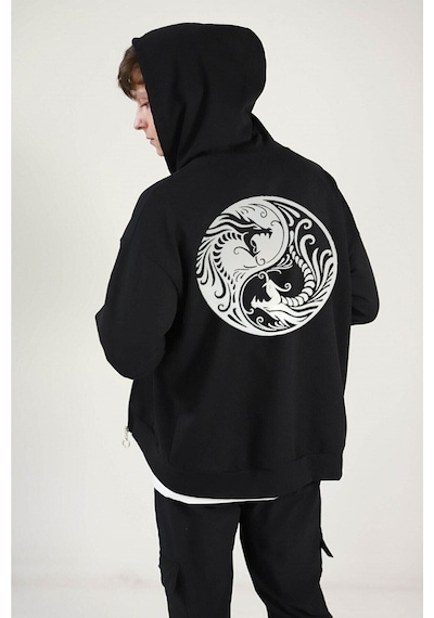Ying Yang Hırka - Siyah Baskılı Oversize Kapüşonlu Siyah