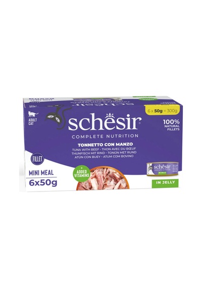 Schesir Jelly Ton Balığı Ve Biftek Jöle İçinde Yetişkin Kedi Konservesi Multipack 50gr X 6 Adet