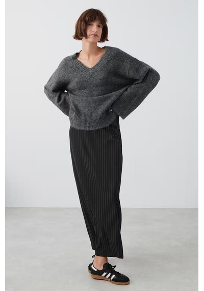 Madmext Antrasit V Yaka Oversize Kadın Triko Kazak Mg2149-antrasit Antrasit