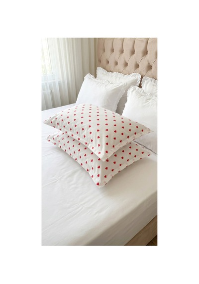 %100 Pamuklu Kalp Desenli Volanlı Yastık Kılıfı 2 Adet 50x70 Cm Kırmızı - 864264444 Kırmızı