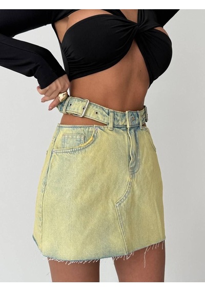Herton Kadın Cut-out Detaylı Kemerli Jean Mini Etek - Tasarım Denim Etek ÇoK Renkli
