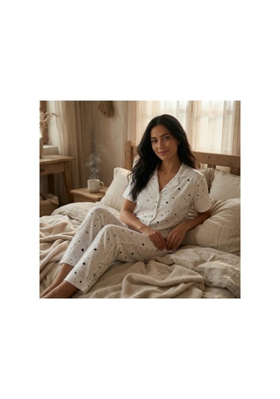 Mh Moony Homewears Kısa Kol Siyah Kalp Özel Dokulu Düğmeli Pijama Takımı Siyah