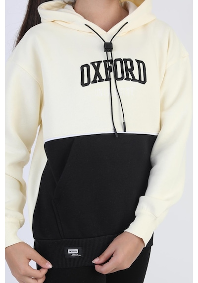 Kapşonlu Oxford Baskılı Kanguru Cepli Kız Çocuk Sweatshirt-90864 Krem