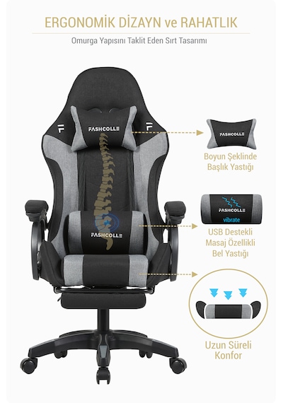 Fashcolle Dynamic Air Kumaş Gri-Siyah Masajlı Oyuncu Koltuğu