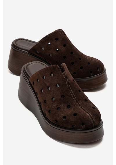Luvishoes Nıves Kahverengi Süet Hakiki Deri Delikli Kadın Dolgu Topuklu Terlik Kahverengi