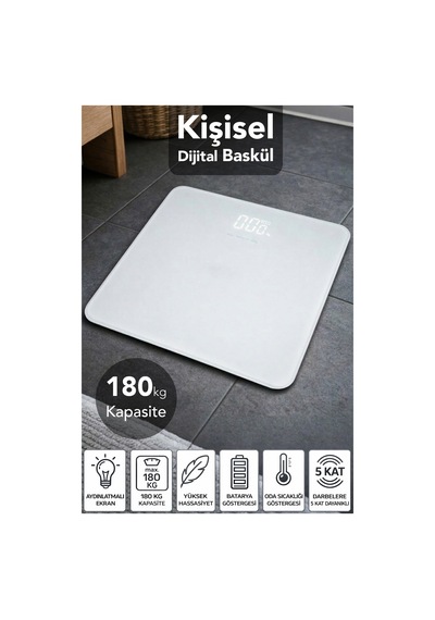 Led Ekran Cam Dijital Baskül - 180kg Kapasiteli Kişisel Hassas Kilo Ölçer Tartı Beyaz