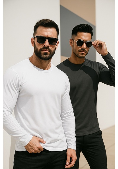Rich Erkek Beyaz-antrasit 2'li Paket Basic Uzun Kollu Sporcu Body Beyaz-antrasit