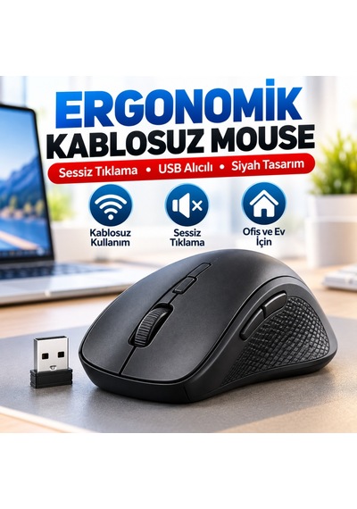 Siyah Renkli Ergonomik Sessiz Kablosuz Mouse Usb Alıcılı, Ofis Ve Oyun İçin Konforlu Bilgisayar Faresi Ms6310 Standart