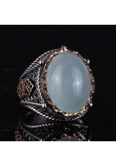 Doğal Cabochon Akuamarin Taş Yüzük, Huzurlu 925k Katı Gümüş Erkek Yüzüğü, Sakin Deniz Tasarımı Gümüş