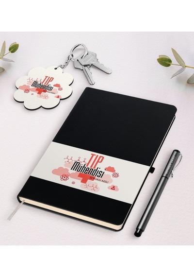 Kişiye Özel Tıp Mühendisi Siyah Defter Kalem Ve Anahtarlık