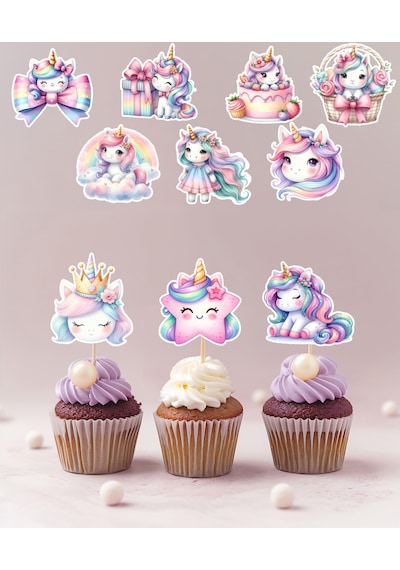 Sevimli Unicorn Temalı Cupcake - Pasta - Kurabiye Süsleri 20 Adet
