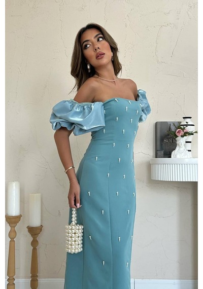 Alemdarshop Mint İşlemeli Kolu Garnili Elbise