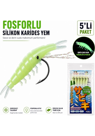 Valkyrie Fosforlu Silikon Karides Yem 5 Li İğne X 5 Paket Hazır İğneli Gece Parlayan Lrf Olta Yemi