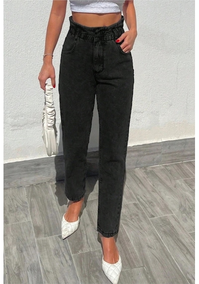 Kene Jeans Yüksek Bel Siyah Çift Düğme Kemer Büzgülü Mom Jeans Siyah