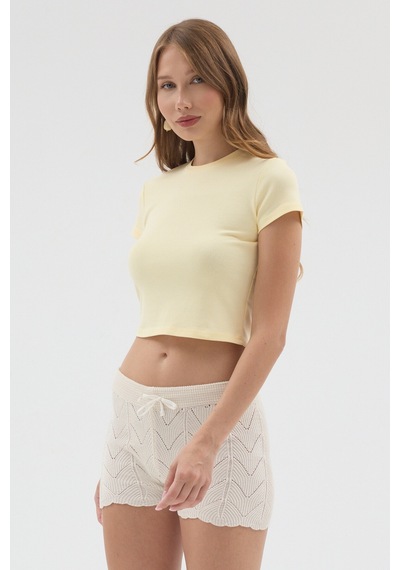 Urbantrendstore Kadın Bisiklet Yaka Likralı Kısa Kol Body Crop Bluz Günlük Şık Sade Yazlık Casual Crop Kadın Crop Sarı