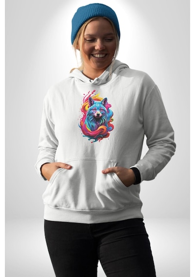 Renkli Kurt Kadın Erkek Beyaz Kapüşonlu Sweatshirt Hoodie Beyaz