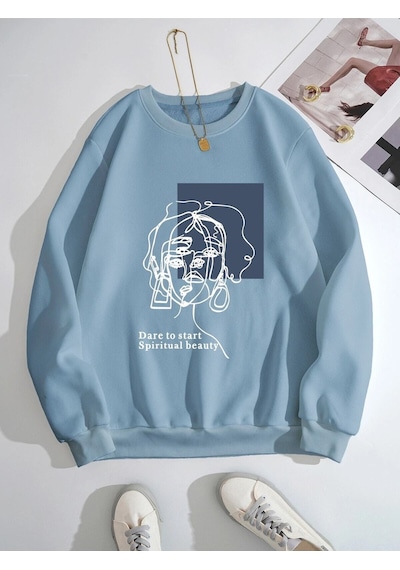 Startmore Mavi Kadın Beauty Özel Göğüs Baskılı Oversize Bisiklet Yaka