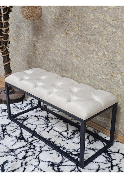 Zafir Siyah Boyalı Diktörtgen 100 Cm X 40 Cm Oturak Puf - Bench - Makyaj Oturağı - Oturak Krem
