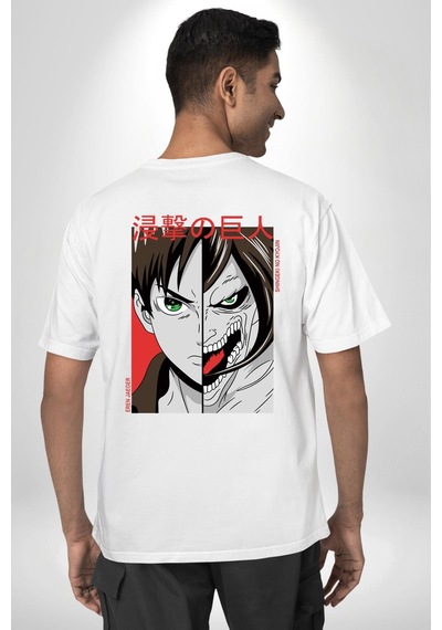 Anime Titan Saldırısı Beyaz Oversize Unisex Ön Ve Sırt Baskılı Tişört Beyaz