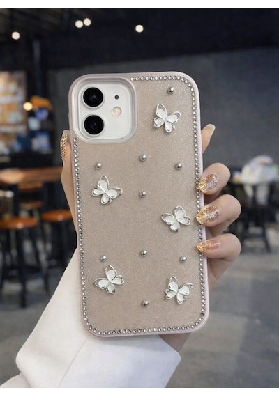 Apple Uyumlu iPhone 11 Kelebek Figürlü Simli İnci Taşlı Lüx Silikon Kılıf Açık Kahve