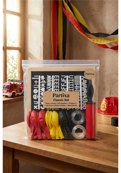 İtfaiyeci Temalı Doğum Günü Süsleme Classic Set Siyah Keçe Yazı Panosu Standlı Balon Zincirli El Pompası İtfaiye Seti