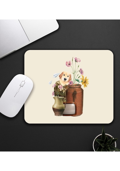 Bej Renk Köpek Ve Çiçek Motifli Mouse Pad 23x19cm Fare Altlığı Kaydırmaz Taban De590