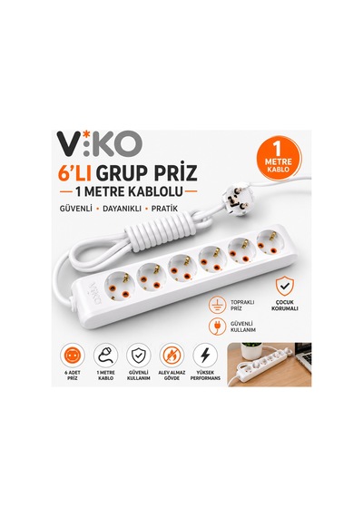 6'lı Topraklı Grup Priz 1 Metre Uzatma Kablosu Çoklu Priz