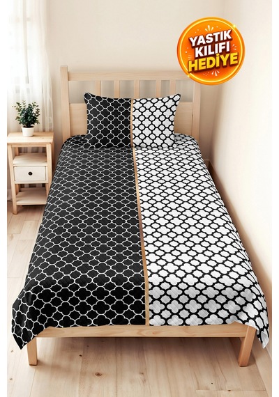Geometrik Siyah Beyaz Tek Kişilik Pike Takımı - Modern Kapitone Mevsimlik Yatak Örtüsü 160x220 Cm Kadife Günce Harmonu