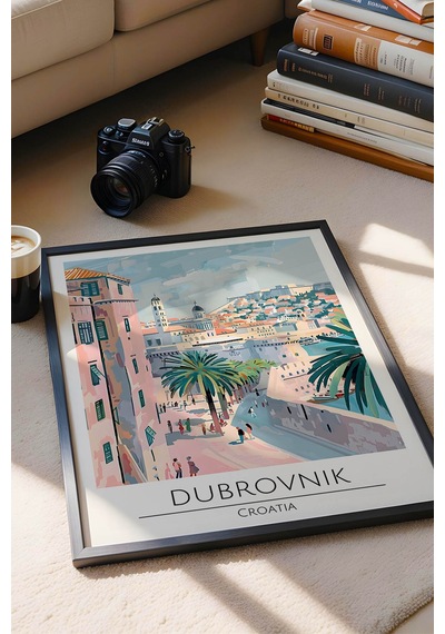 Hırvatistan Dubrovnik Temalı Çerçeveli Tablo Travel Serisi Modern İllüstrasyon Duvar Dekoru Siyah